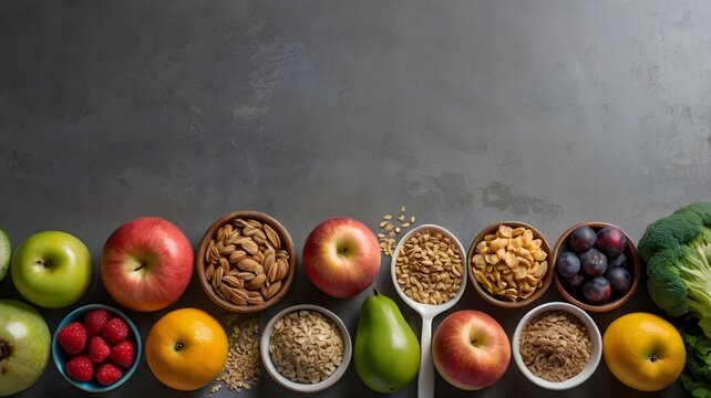 A Colorful Array of Nutritious Foods, Fresh Fruits, Hearty Grains, and Healthy Nuts, arranged beautifully on a gray background for a vibrant and balanced diet,