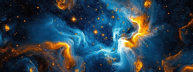 Cosmic battle, fire and ice elementals clashing, swirling energy, galactic nebula, vibrant orange and blue, ethereal wisps, abstract space art, celestial forces, dynamic composition, high contrast, my