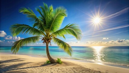 Obraz premium Serene Tropical Beach Scene Lone Palm Tree Silhouetted Against a Vibrant Sunset Over Calm Turquoise Waters