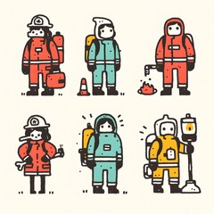 Vibrant Firefighter Gear Icons in Minimalistic Graffiti Style