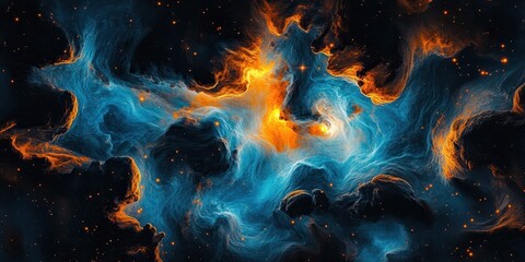 Cosmic battle, fire and ice elementals clashing, swirling energy, galactic nebula, vibrant orange and blue, ethereal wisps, abstract space art, celestial forces, dynamic composition, high contrast, my