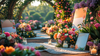 Beautiful wedding setup with floral arrangements and candles outdoors