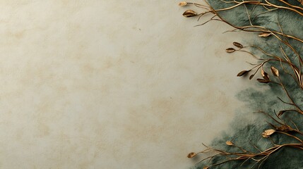 Elegant gold branches with leaves on a textured beige and green background. Perfect for invitation, wedding, or autumn designs.