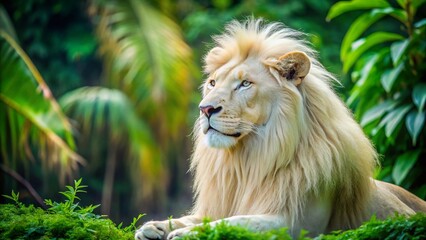 Fototapeta premium Albino Zoo Animal: Majestic White Lion in Lush Habitat, Copy Space Left