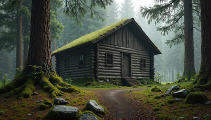 Old wooden cabin nestled deep in a dense forest surrounded by tall pines