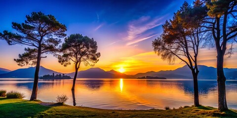 Anamorphic Silhouette Landscape Dawn Lake Maggiore Arona Italy