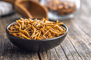Dried salted worms. Roasted mealworms in bowl on wooden table.