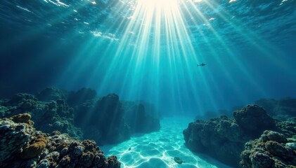 Fototapeta premium Deep blue sea, cloud shadows, sunlight dappling underwater rocks, light, sunbeams, dark