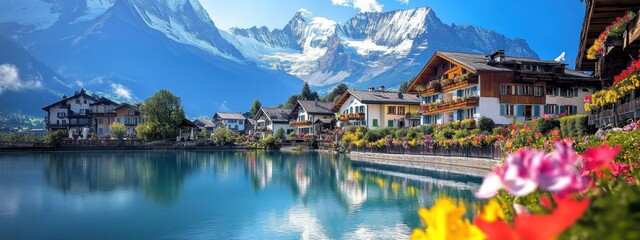 Obraz premium Idyllic alpine village, tranquil lake reflection, snow-capped mountains, traditional wooden chalets, colorful flowers in foreground, serene atmosphere, blue sky with wispy clouds, picturesque landscap