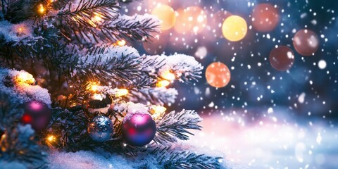 Christmas decorations, snowy pine branches, colorful ornaments, glowing bokeh lights, frosty winter scene, magical holiday atmosphere, soft focus, warm tones, nostalgic festive mood, close-up detail, 