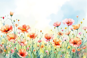 Obraz premium A vibrant floral field filled with orange and pink flowers in watercolor style on a soft gradient background. Concept of nature and spring. Ai generative