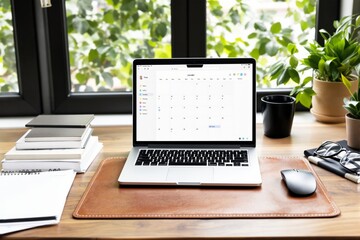 Laptop on a desk with open calendar app, books, plants, and office supplies around on a wooden desk. Bright, natural light. Concept of productivity. Ai generative.