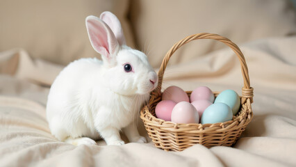 white rabbit sitting on the bed next to a basket with Easter eggs, Happy Easter celebration