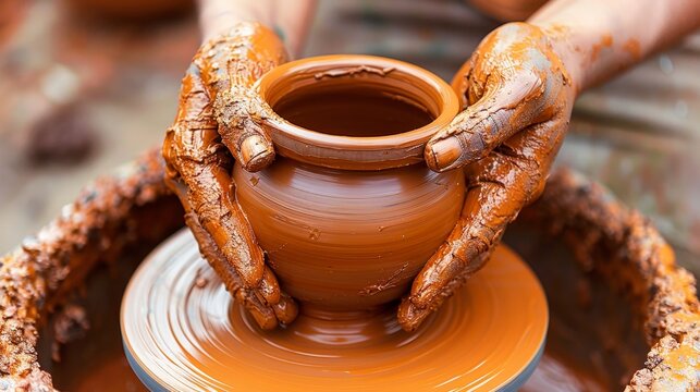 Collaborative pottery class  students shape and glaze their creations on spinning wheels
