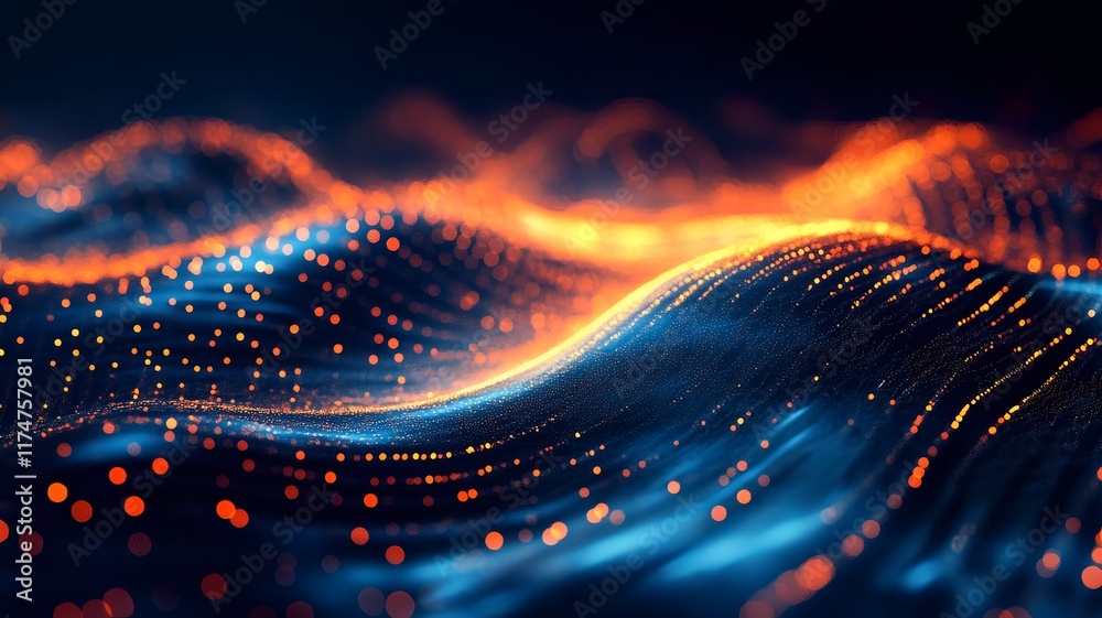 Poster mesmerizing abstract background with dynamic waves of glowing digital particles in a vibrant neon gr