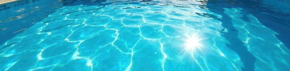 Fototapeta premium Azure blue pool water, shimmering sunlight reflections, bright, vibrant