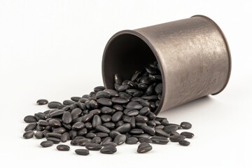 Black sesame seeds spilling from a vintage metal container onto an isolated surface for culinary, health, and food-themed compositions and designs.
