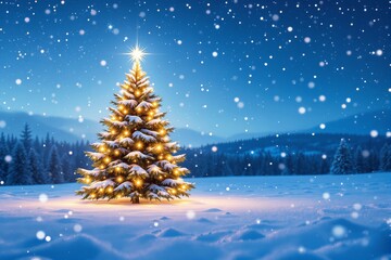 Obraz premium Illuminated Christmas tree with glowing lights in snowy landscape, surrounded by falling snow, under a starry night sky. Concept of holiday and winter. Ai generative