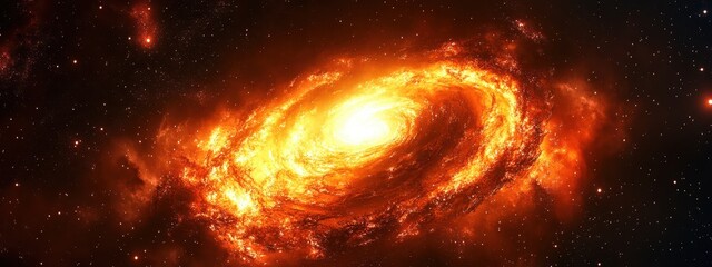 Obraz premium Space galaxy, spiral galaxy, cosmic swirl, fiery golden nebula, celestial vortex, starry expanse, deep space, cosmic dust, glowing galactic core, astronomical phenomenon, stellar nursery, interstellar