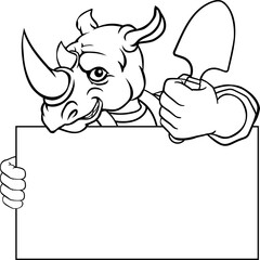 Fototapeta premium Gardener Rhino Cartoon Handyman Tool Mascot