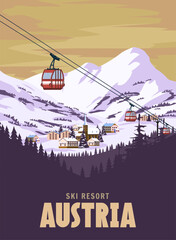 Austria Ski resort poster, retro. Alpes Winter travel card © hadeev