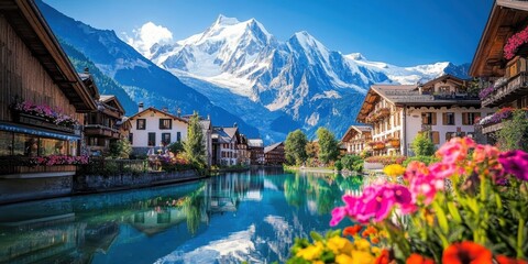 Fototapeta premium Idyllic alpine village, tranquil lake reflection, snow-capped mountains, traditional wooden chalets, colorful flowers in foreground, serene atmosphere, blue sky with wispy clouds, picturesque landscap