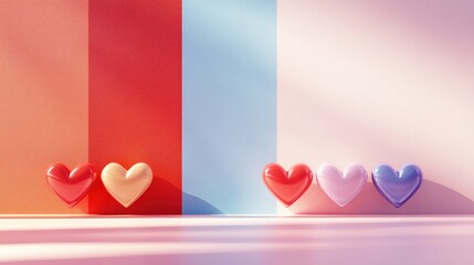 Valentine's Day composition with branch and hearts on a pastel background with clear lines and shadows. Decoration for greeting card or web banner