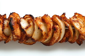 Delicious and Spicy Grilled Chicken Skewer with Seasoned Onion, Perfectly Cooked for Outdoor Barbecues and Summer Gatherings, Tantalizing Food Presentation