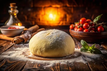 Fototapeta premium Artisan Raw Pizza Dough Ball, Rustic Kitchen Setting, Food Photography