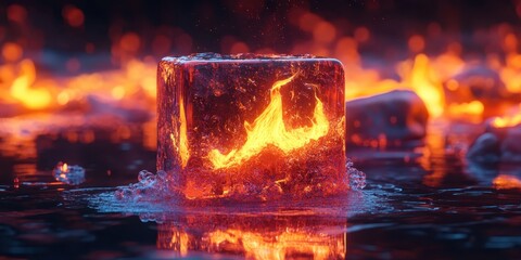 fire and ice, flaming ice cube, elemental contrast, melting ice, burning flame, surreal composition, glowing embers, reflective surface, dark background, dramatic lighting, high detail, photorealistic