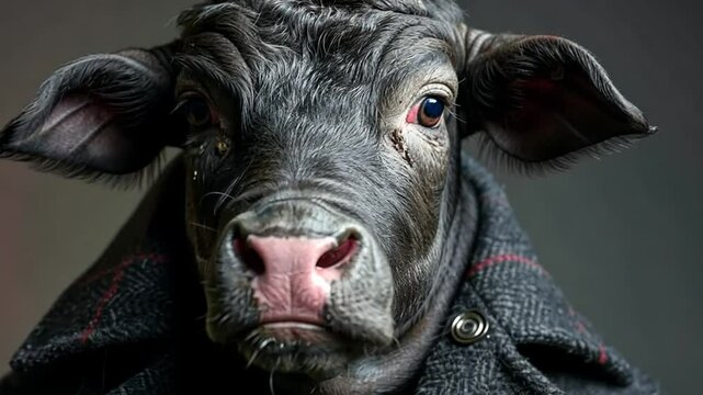 Cow dressed in stylish coat poses against dark background with a serious expression