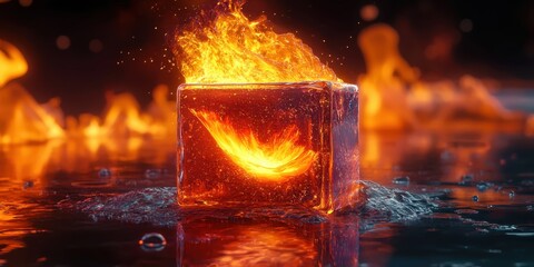 fire and ice, flaming ice cube, elemental contrast, melting ice, burning flame, surreal composition, glowing embers, reflective surface, dark background, dramatic lighting, high detail, photorealistic