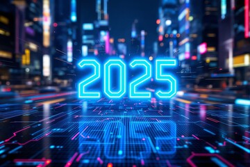 Neon 2025 glowing numbers over futuristic digital cityscape with bright lights, abstract tech elements, and vibrant urban background. Ai generative