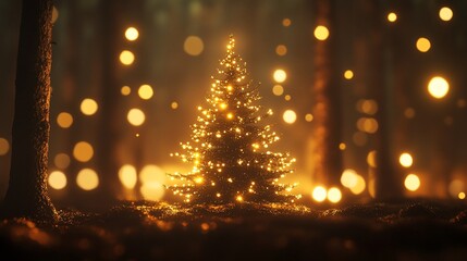 Naklejka premium Christmas tree in a mystical forest with warm golden lights.