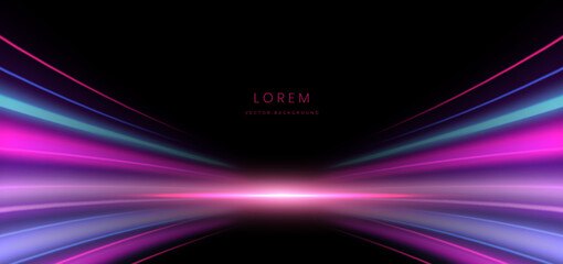 Abstract blue and pink glowing rayn curved on black background.