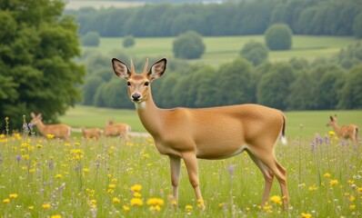 Fawn standing in a vibrant meadow