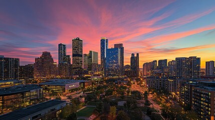 Fototapeta premium A breathtaking view of the Chicago cityscape at dusk, skyscrapers lit up against a colorful sunset sky, highlighting the bustling urban vibe.