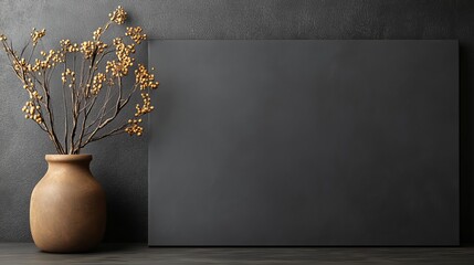 Dried floral arrangement in a rustic vase against a dark gray background.  A minimalist, elegant still life.
