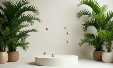 Floating wooden cubes amidst green palms