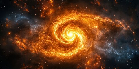 Space galaxy, spiral galaxy, cosmic swirl, fiery golden nebula, celestial vortex, starry expanse, deep space, cosmic dust, glowing galactic core, astronomical phenomenon, stellar nursery, interstellar