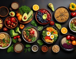 Healthy food dishes displayed in a top view, creating a colorful and nutritious spread, with free space for your text or branding