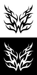 Vector symmetrical tribal tattoo design in two color variations: black on white and white on black. The design resembles stylized flames or wings, creating a striking visual effect.