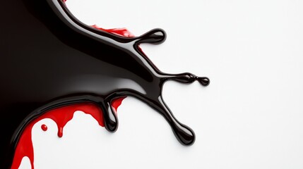 Crimson and Black: Abstract Swirl: A dramatic close-up of a black liquid splash against a stark white background, with vibrant crimson red accents trailing beneath.