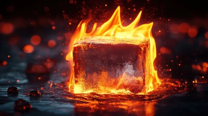 fire and ice, flaming ice cube, elemental contrast, melting ice, burning flame, surreal composition, glowing embers, reflective surface, dark background, dramatic lighting, high detail, photorealistic