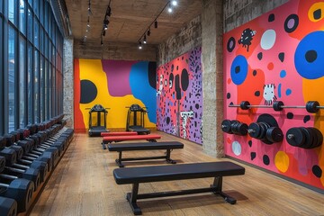 Colorful gym interior featuring exercise equipment and vibrant wall art in a modern fitness space