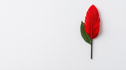 Red Feather Minimalist: A single, vibrant red feather with a touch of green stands out against a clean, minimalist background, creating a striking visual with a hint of whimsy.