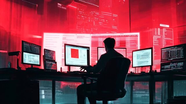 A moody, high-tech scene of a cybersecurity analyst working on multiple monitors, illuminated by glowing red light and digital data streams. The image evokes themes of hacking, cybersecurity