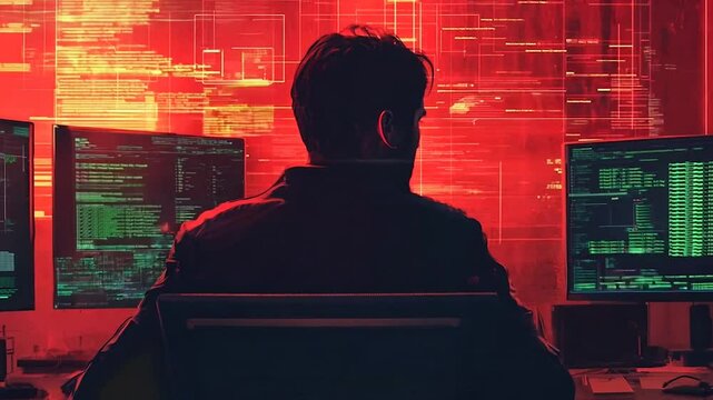 A moody, high-tech scene of a cybersecurity analyst working on multiple monitors, illuminated by glowing red light and digital data streams. The image evokes themes of hacking, cybersecurity
