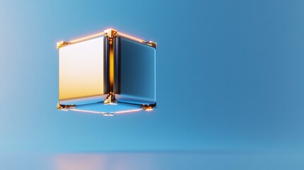 A minimalistic floating cube with glowing edges on a blue gradient backdrop