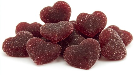 A close-up of heart-shaped marmalade candies in vibrant red tones, arranged on a clean white background for Valentine's themes.